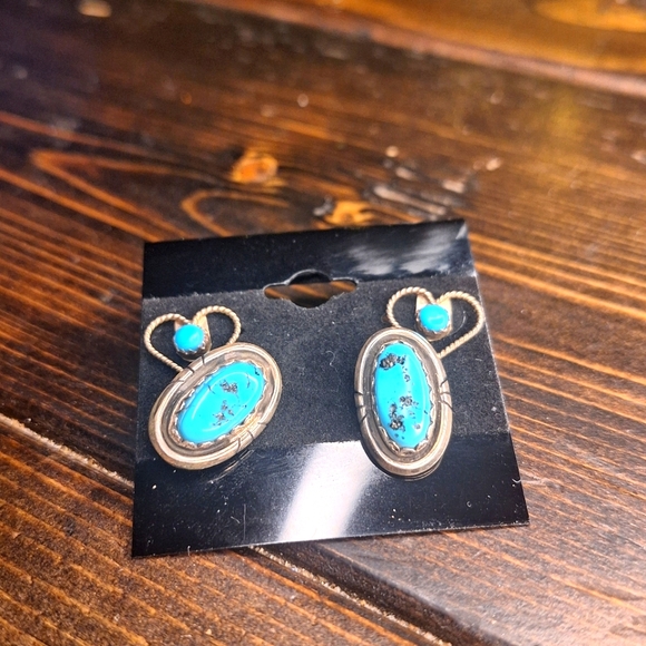 Native American Sterling 925 Silver Signed Earrings Set of 2 Turquoise Stones - Picture 2 of 8